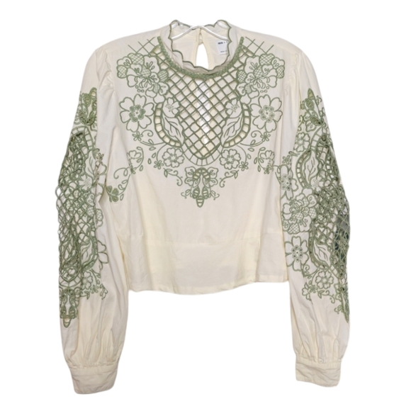 ASOS Cream Cotton Scalloped Collar Blouse Green Lattice Floral Embroidery size 8 - Picture 2 of 10